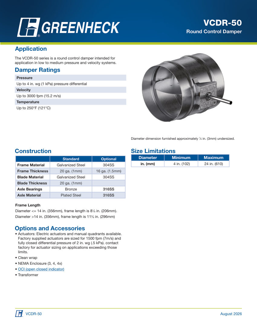 Greenheck vcdr-50 cut sheet — first page