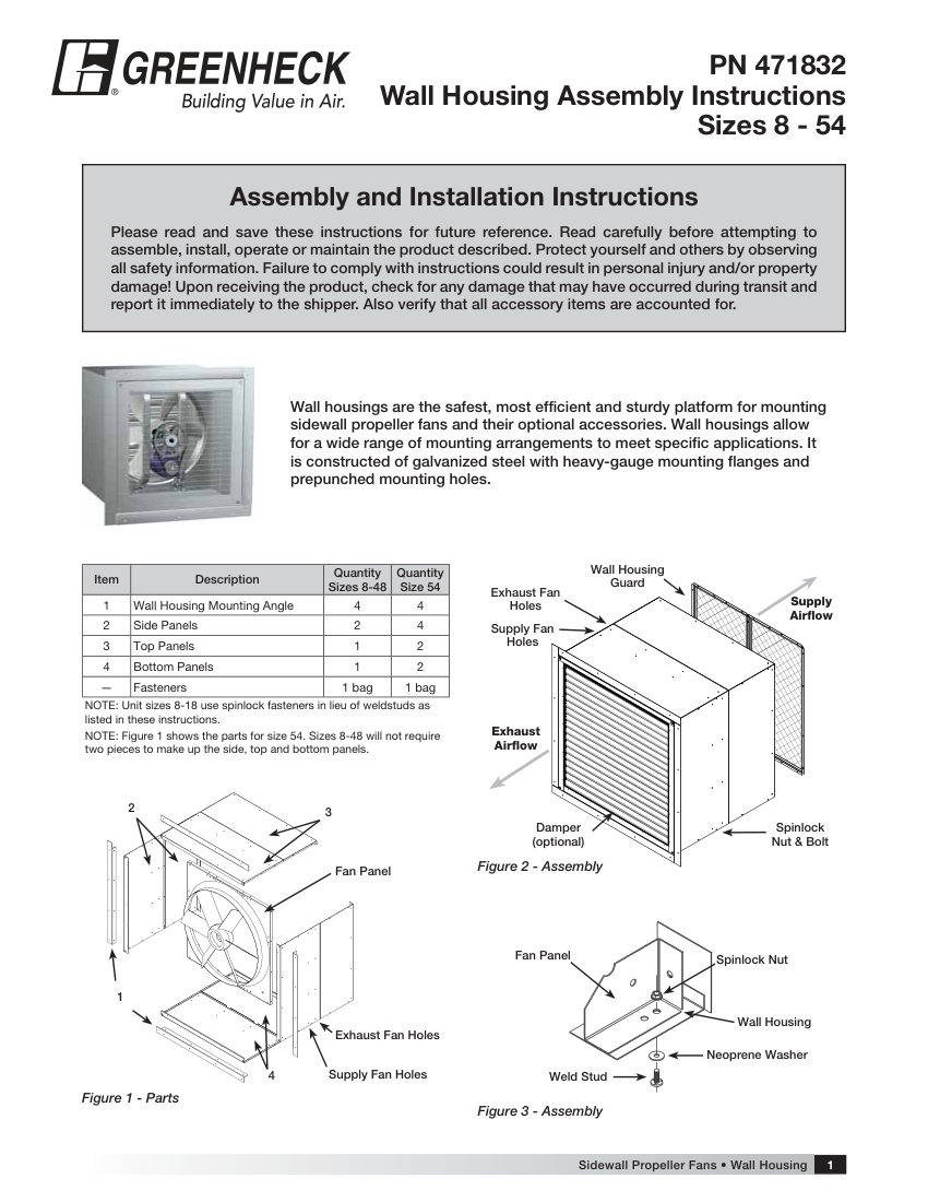 Greenheck Wall Housing Sizes 8 - 54 (#471832 IOM) cut sheet — first page