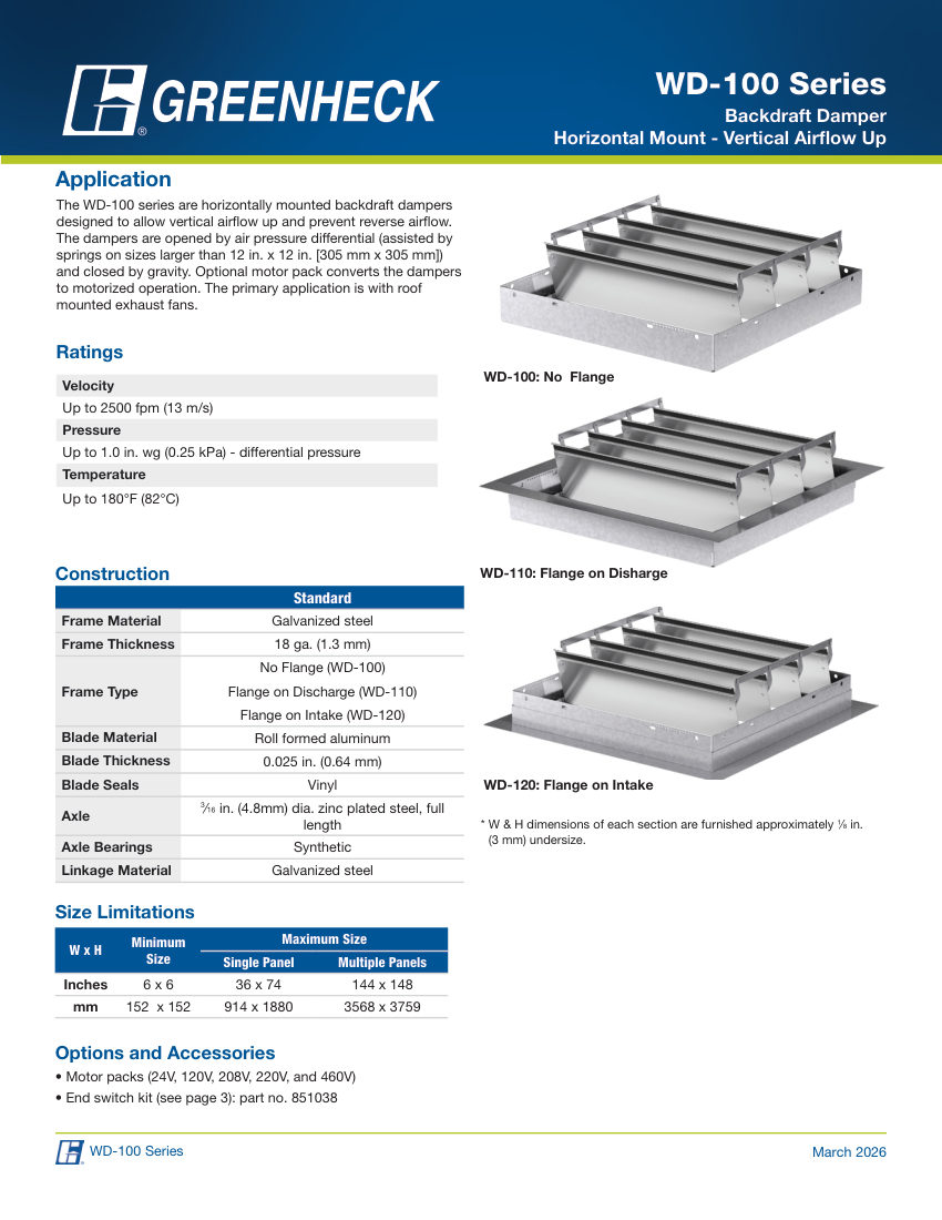 Greenheck wd-100 cut sheet — first page