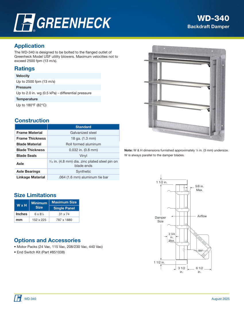 Greenheck wd-340 cut sheet — first page