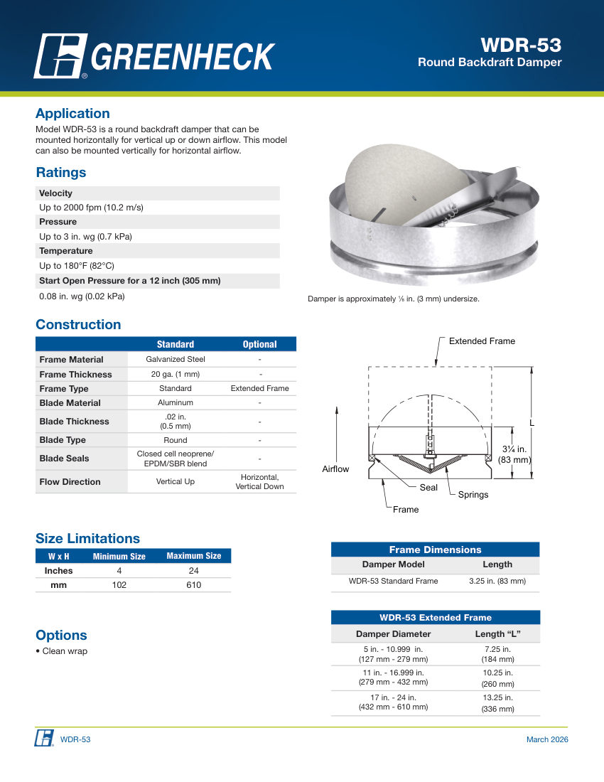 Greenheck wdr-53 cut sheet — first page