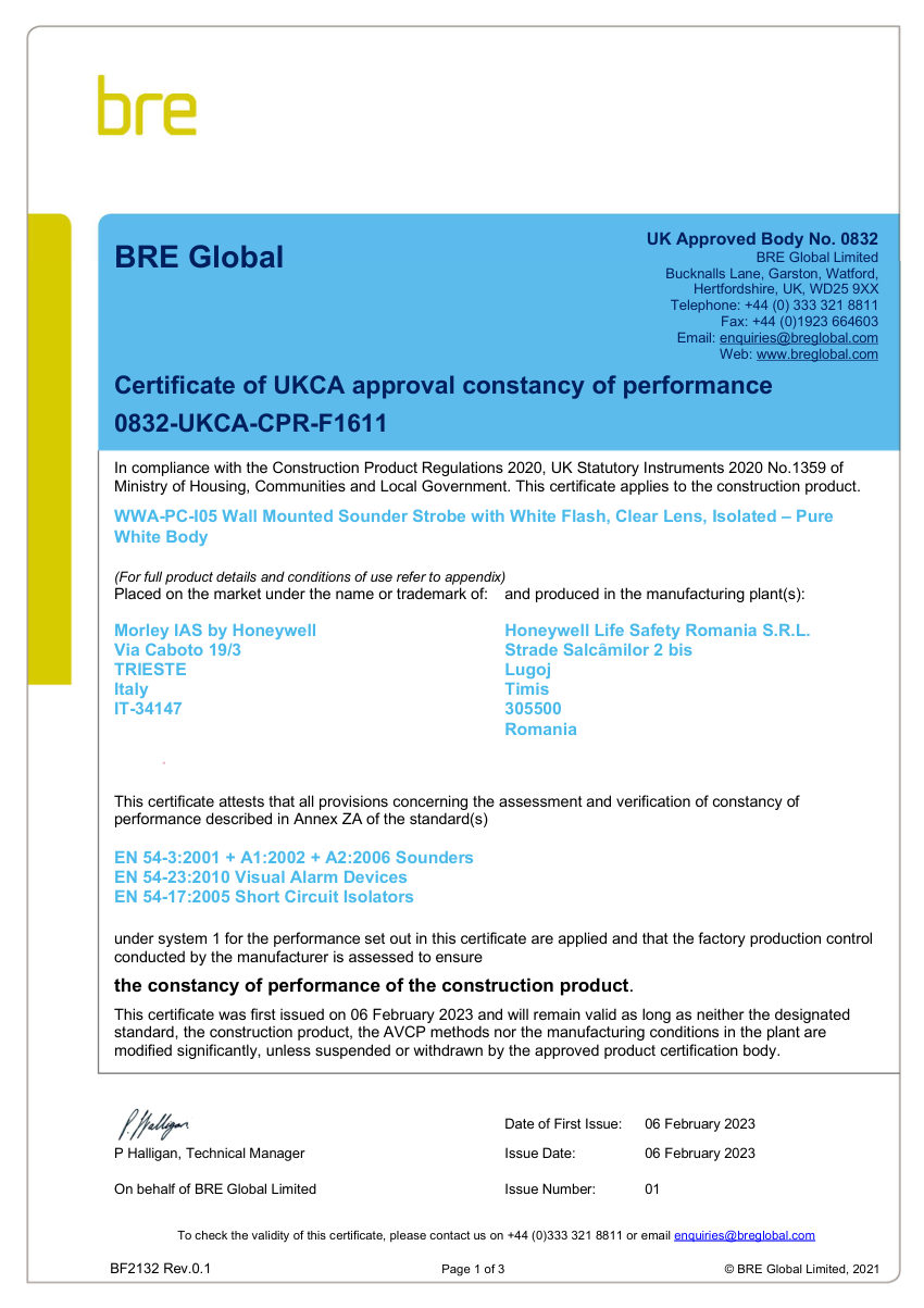 Honeywell Fire 0832-UKCA-CPR-F1611 cut sheet — first page