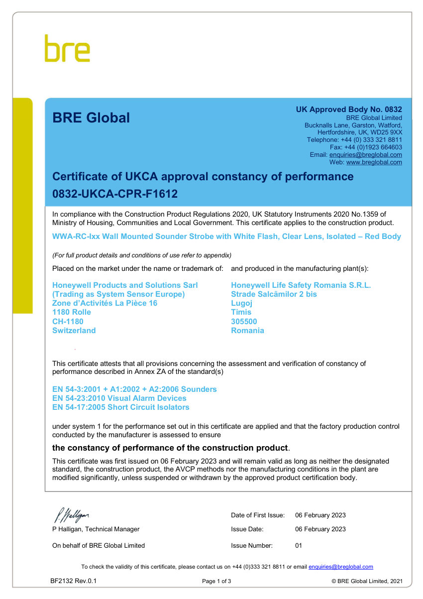 Honeywell Fire 0832-UKCA-CPR-F1612 cut sheet — first page