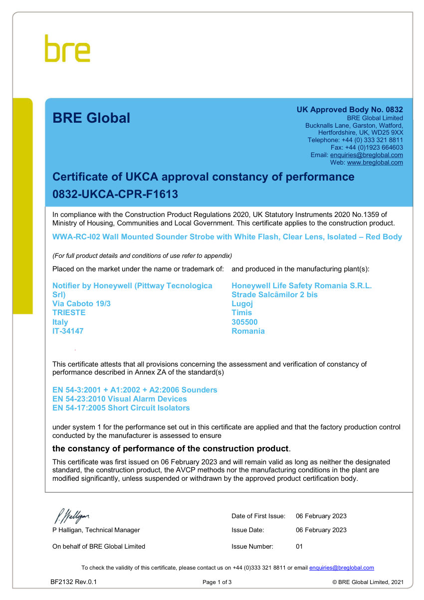 Honeywell Fire 0832-UKCA-CPR-F1613 cut sheet — first page