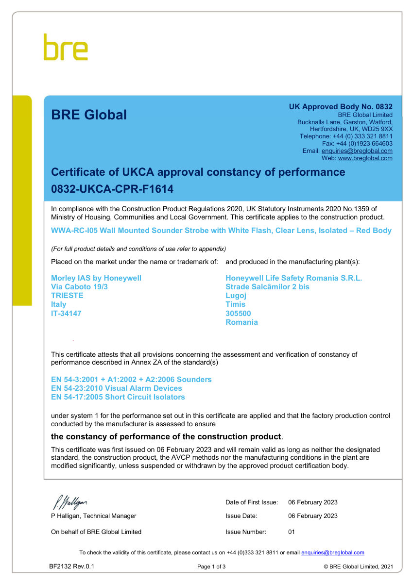 Honeywell Fire 0832-UKCA-CPR-F1614 cut sheet — first page