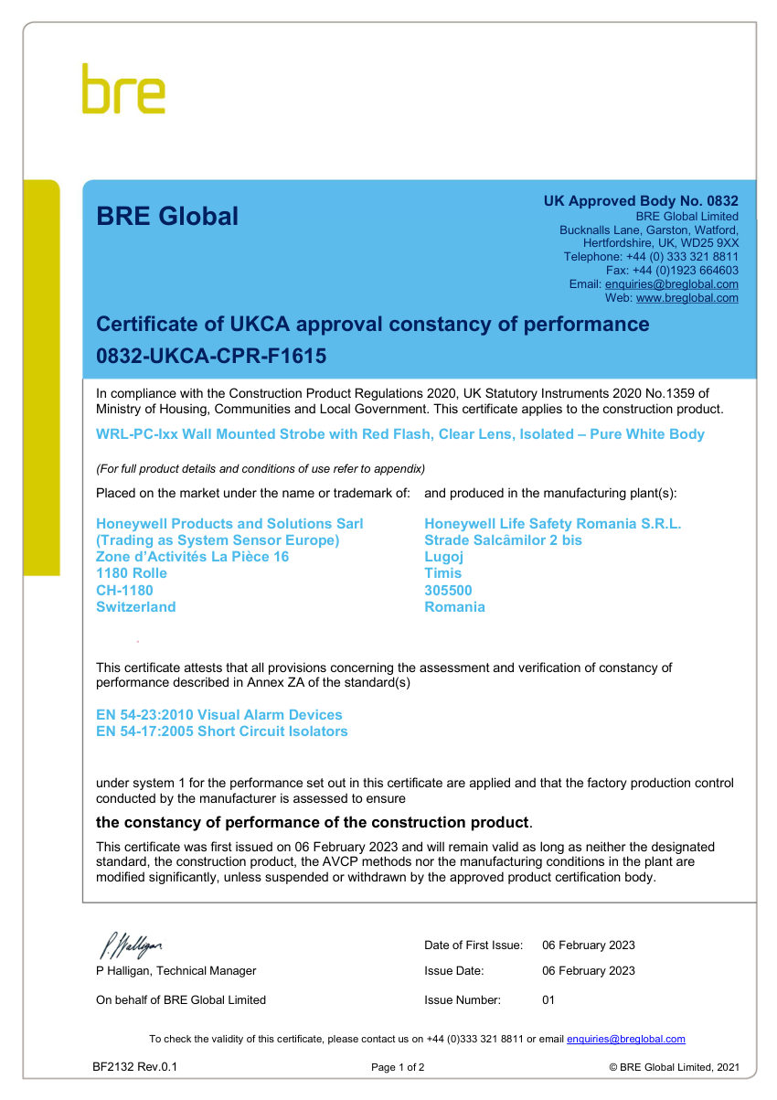 Honeywell Fire 0832-UKCA-CPR-F1615 cut sheet — first page