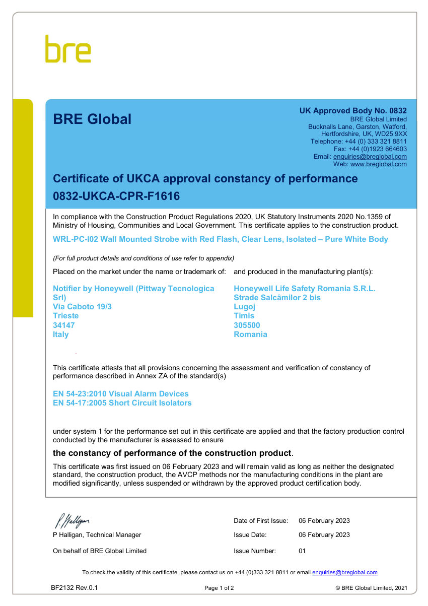 Honeywell Fire 0832-UKCA-CPR-F1616 cut sheet — first page