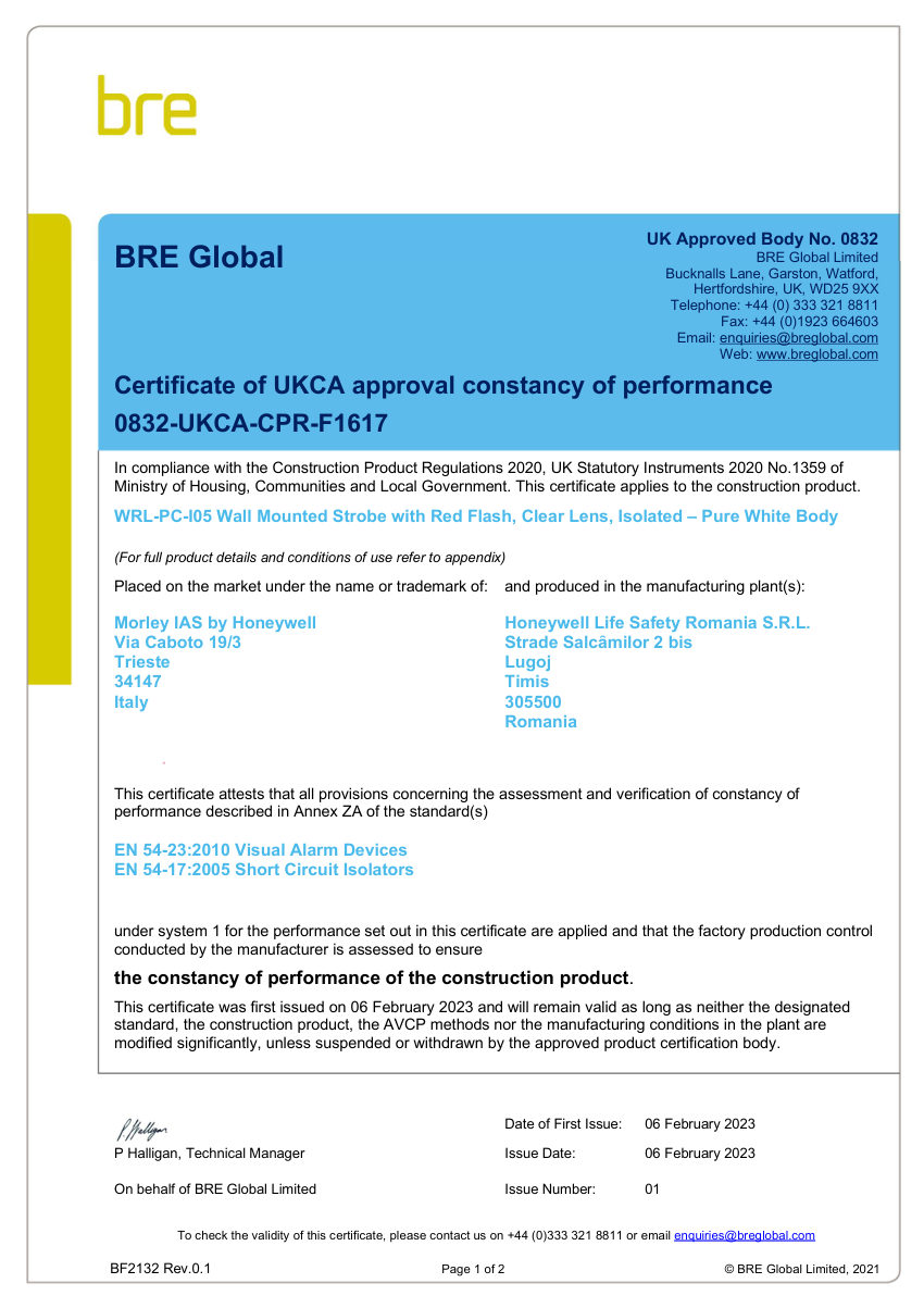 Honeywell Fire 0832-UKCA-CPR-F1617 cut sheet — first page