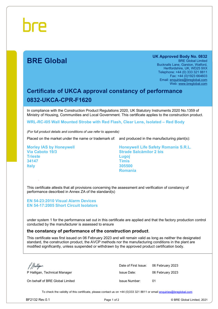 Honeywell Fire 0832-UKCA-CPR-F1620 cut sheet — first page