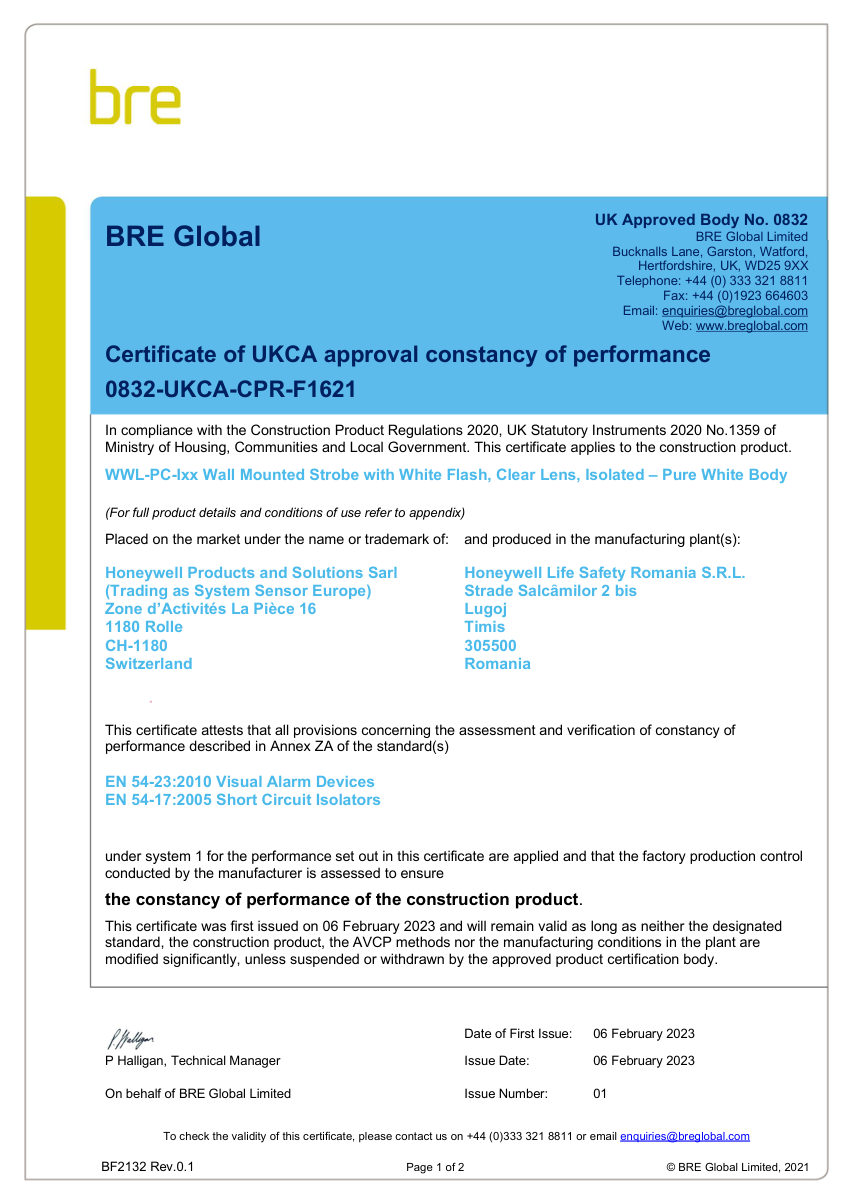 Honeywell Fire 0832-UKCA-CPR-F1621 cut sheet — first page