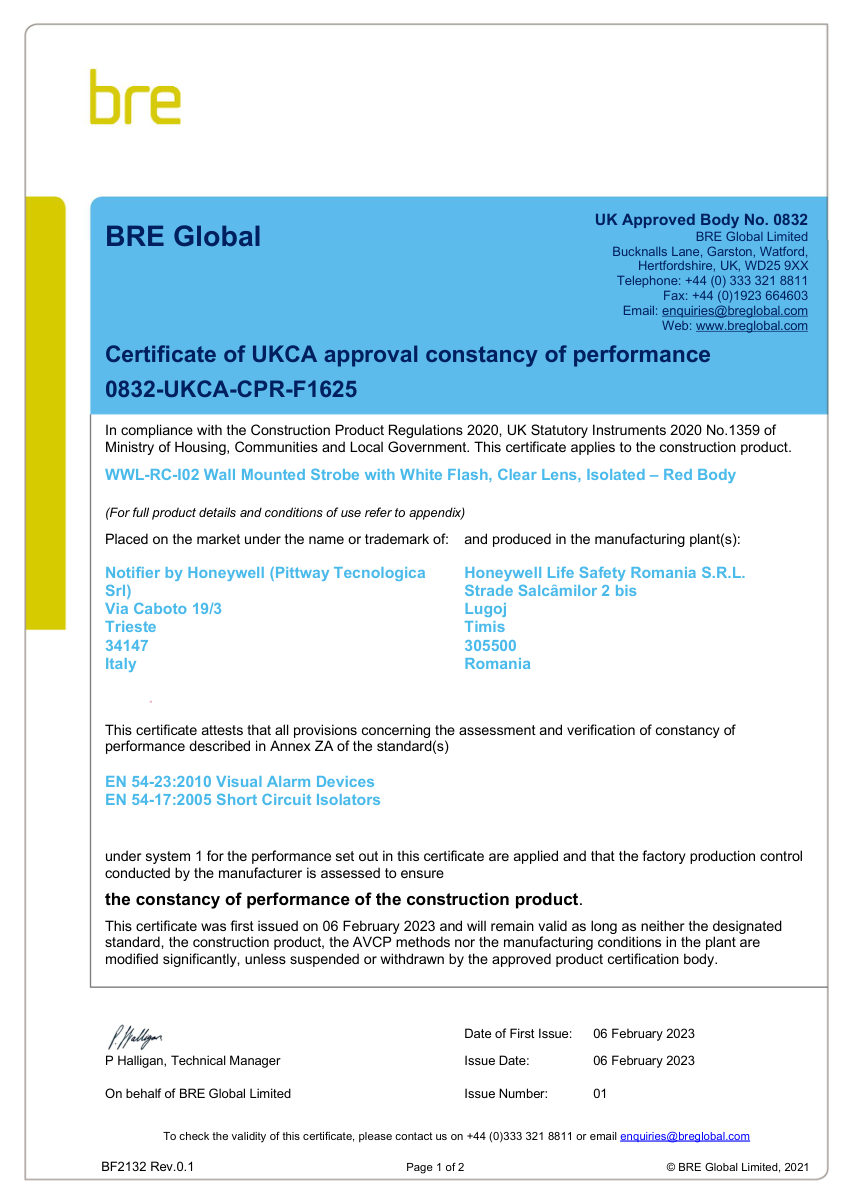 Honeywell Fire 0832-UKCA-CPR-F1625 cut sheet — first page