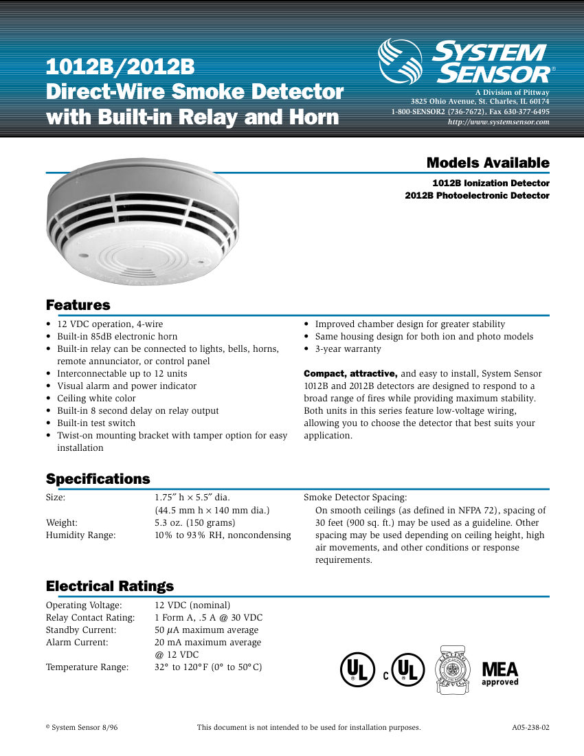 Honeywell Fire 1012B cut sheet — first page