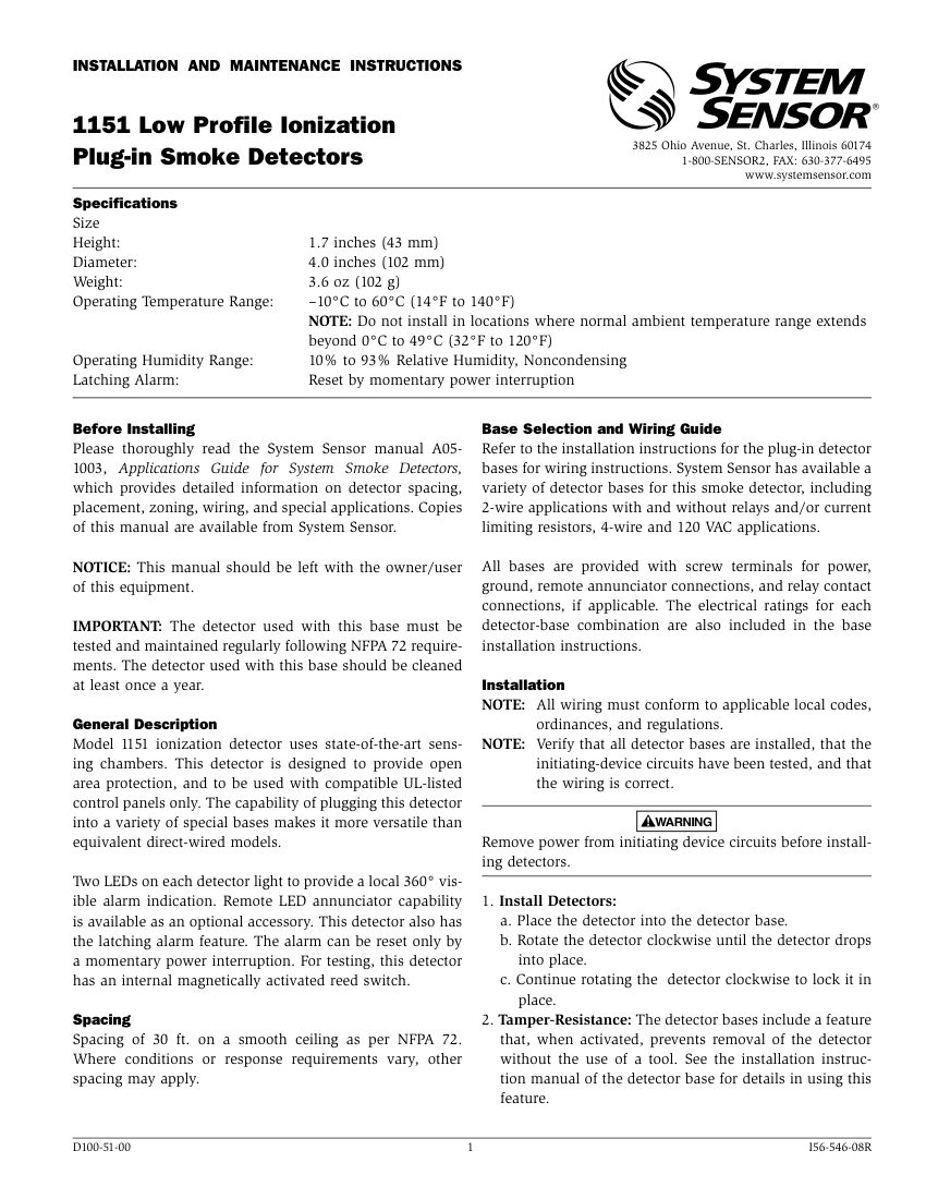 Honeywell Fire 1151 cut sheet — first page