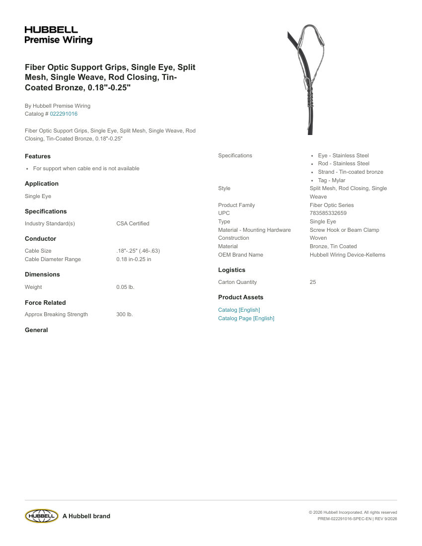 Hubbell Premise Wiring PREM-022291016 cut sheet — first page