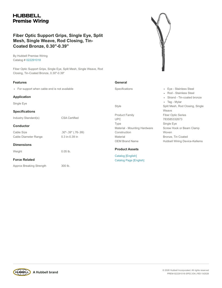 Hubbell Premise Wiring PREM-022291018 cut sheet — first page