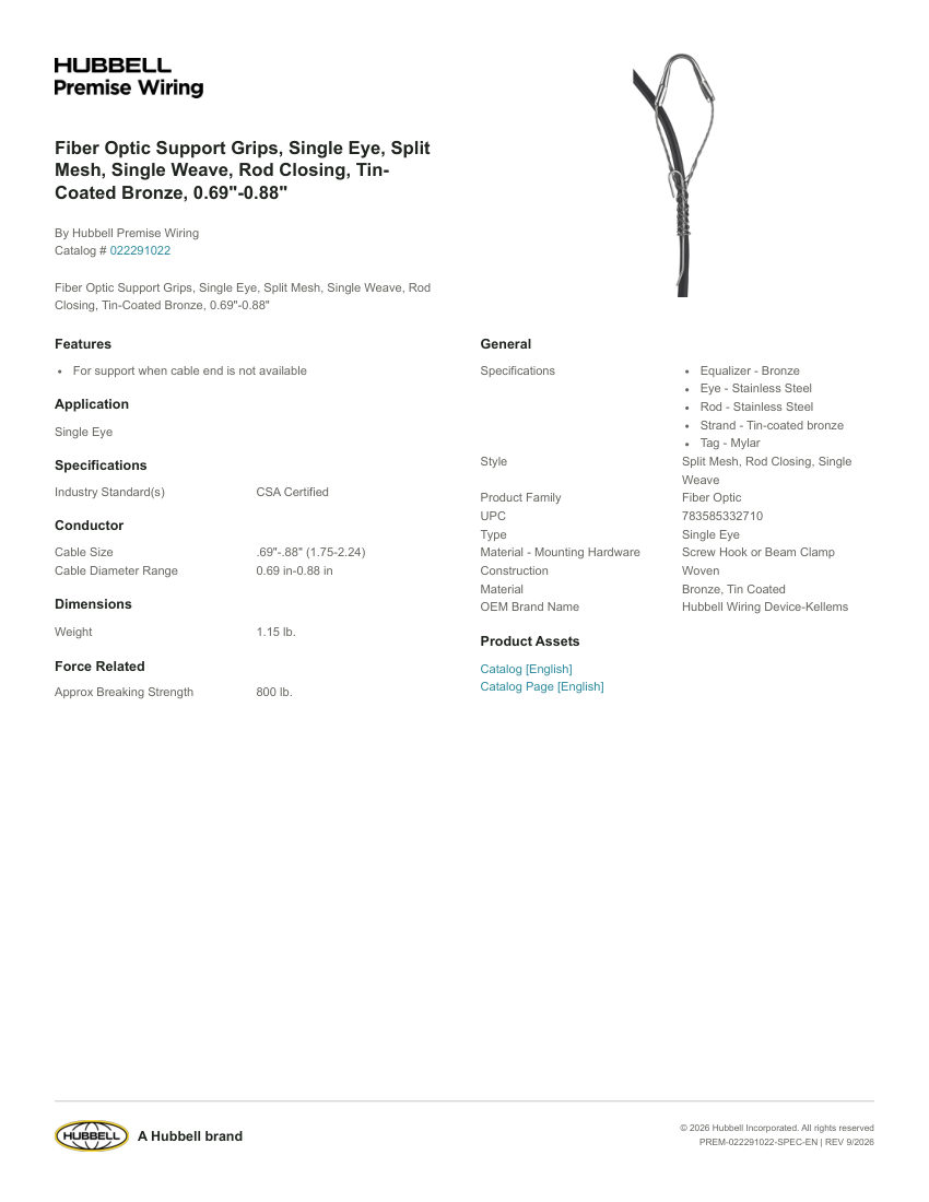 Hubbell Premise Wiring PREM-022291022 cut sheet — first page