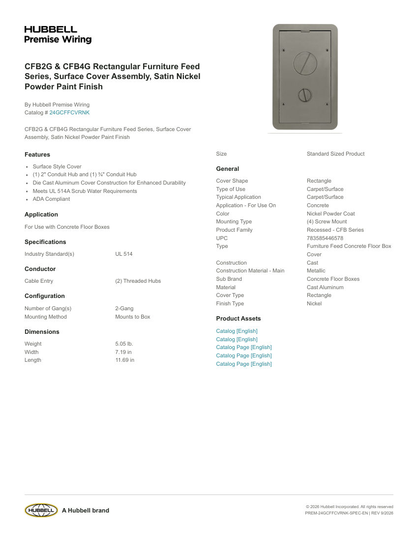 Hubbell Premise Wiring PREM-24GCFFCVRNK cut sheet — first page
