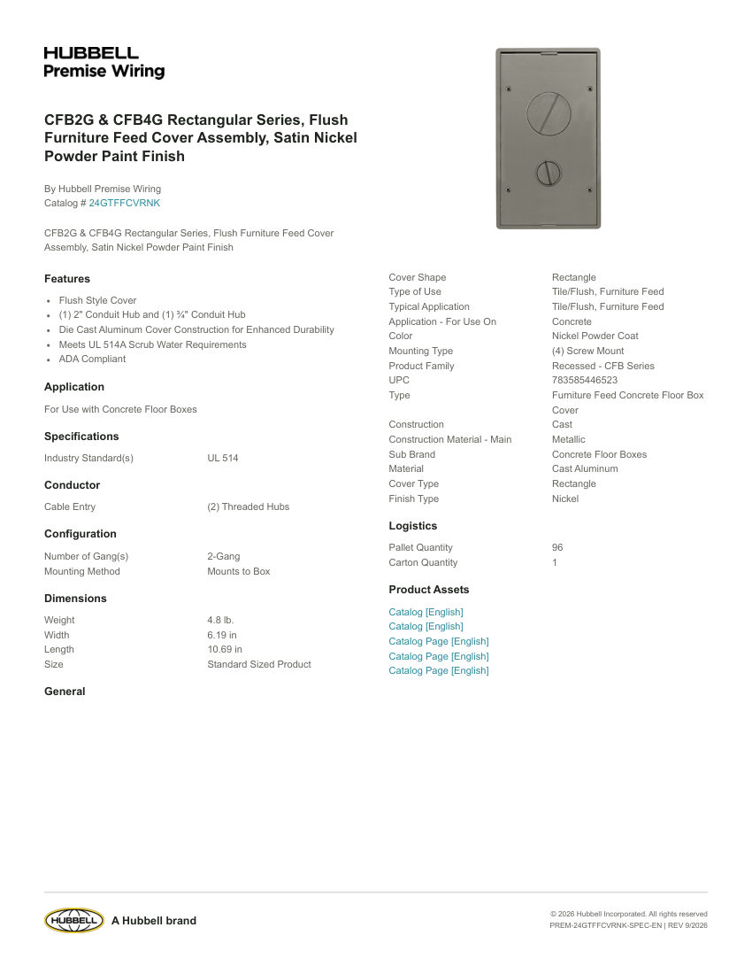 Hubbell Premise Wiring PREM-24GTFFCVRNK cut sheet — first page