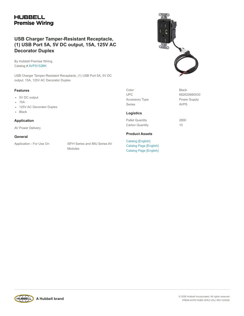 Hubbell Premise Wiring PREM-AVPS152BK cut sheet — first page