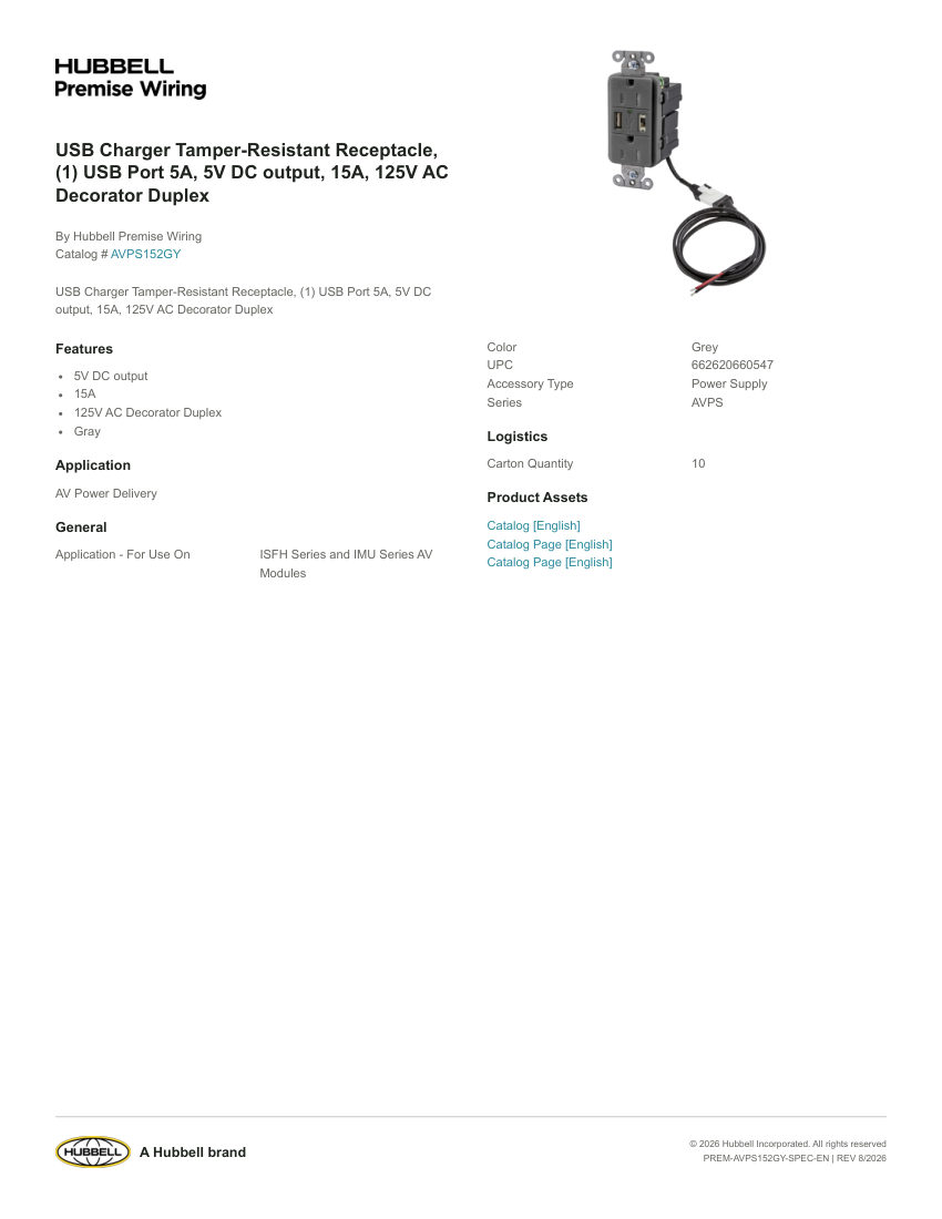 Hubbell Premise Wiring PREM-AVPS152GY cut sheet — first page
