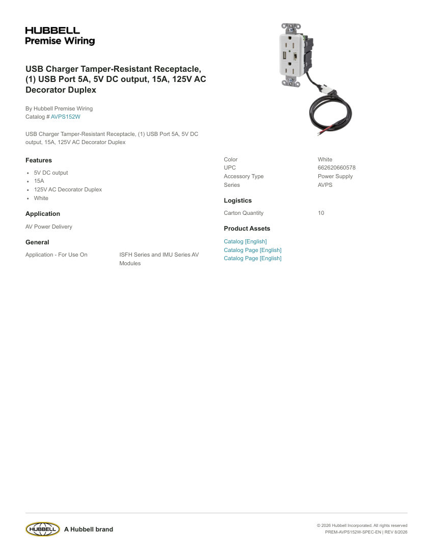 Hubbell Premise Wiring PREM-AVPS152W cut sheet — first page