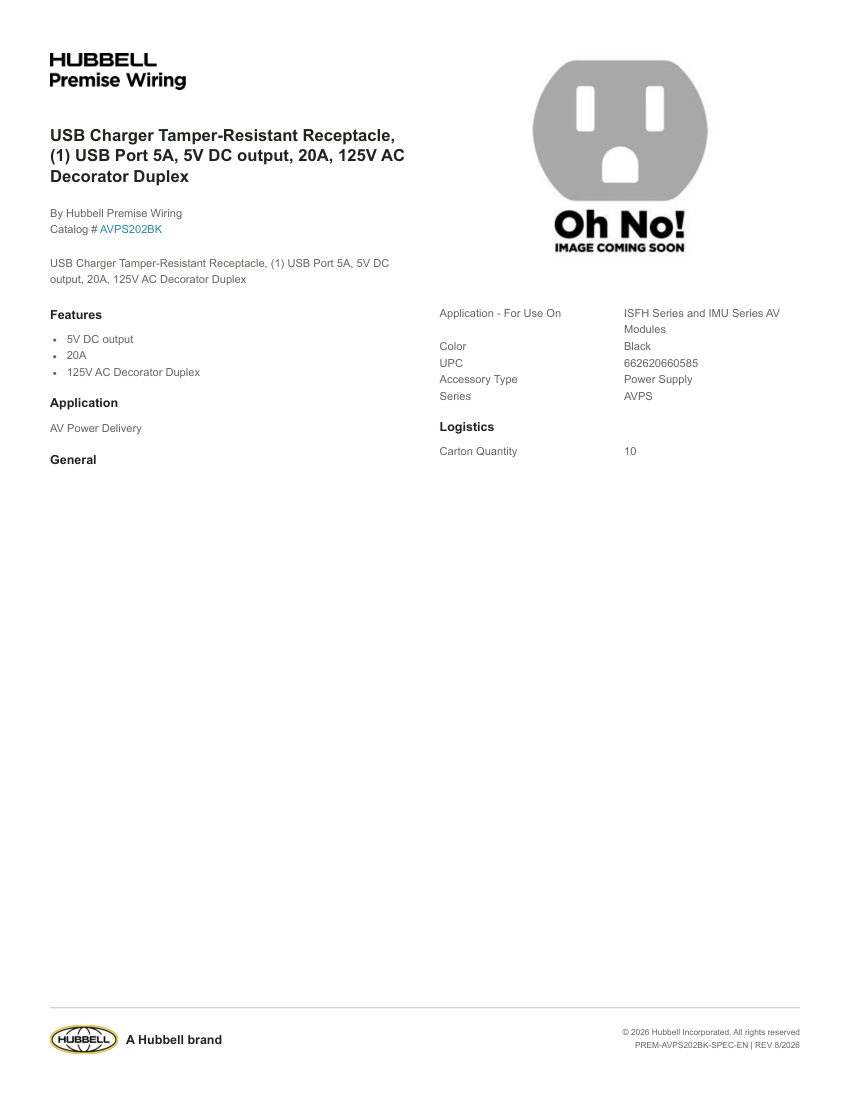 Hubbell Premise Wiring PREM-AVPS202BK cut sheet — first page