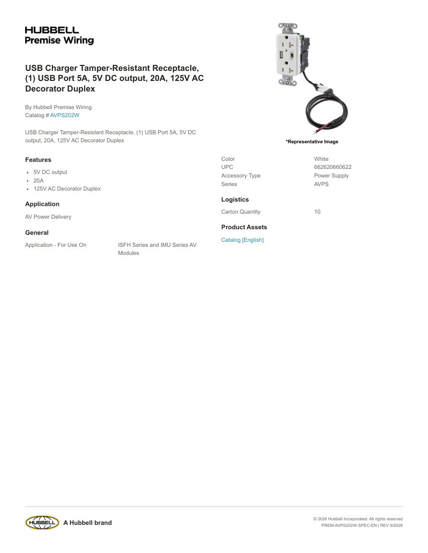 Hubbell Premise Wiring PREM-AVPS202W cut sheet — first page