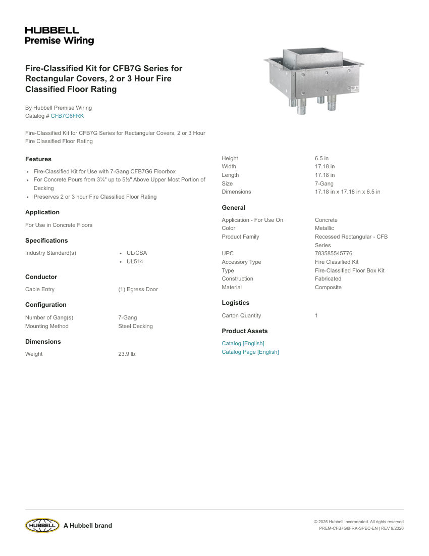 Hubbell Premise Wiring PREM-CFB7G6FRK cut sheet — first page