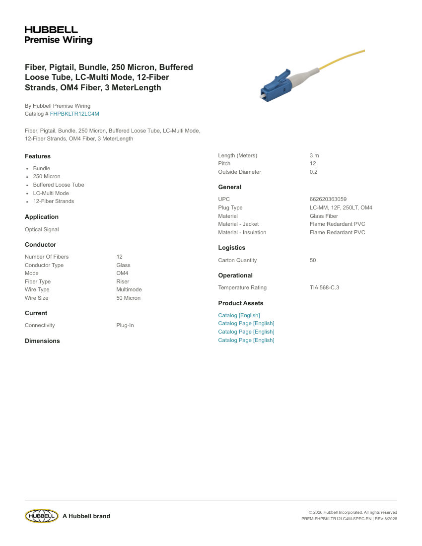 Hubbell Premise Wiring PREM-FHPBKLTR12LC4M cut sheet — first page
