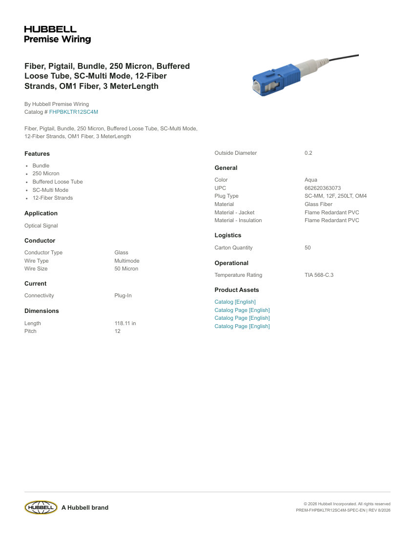 Hubbell Premise Wiring PREM-FHPBKLTR12SC4M cut sheet — first page