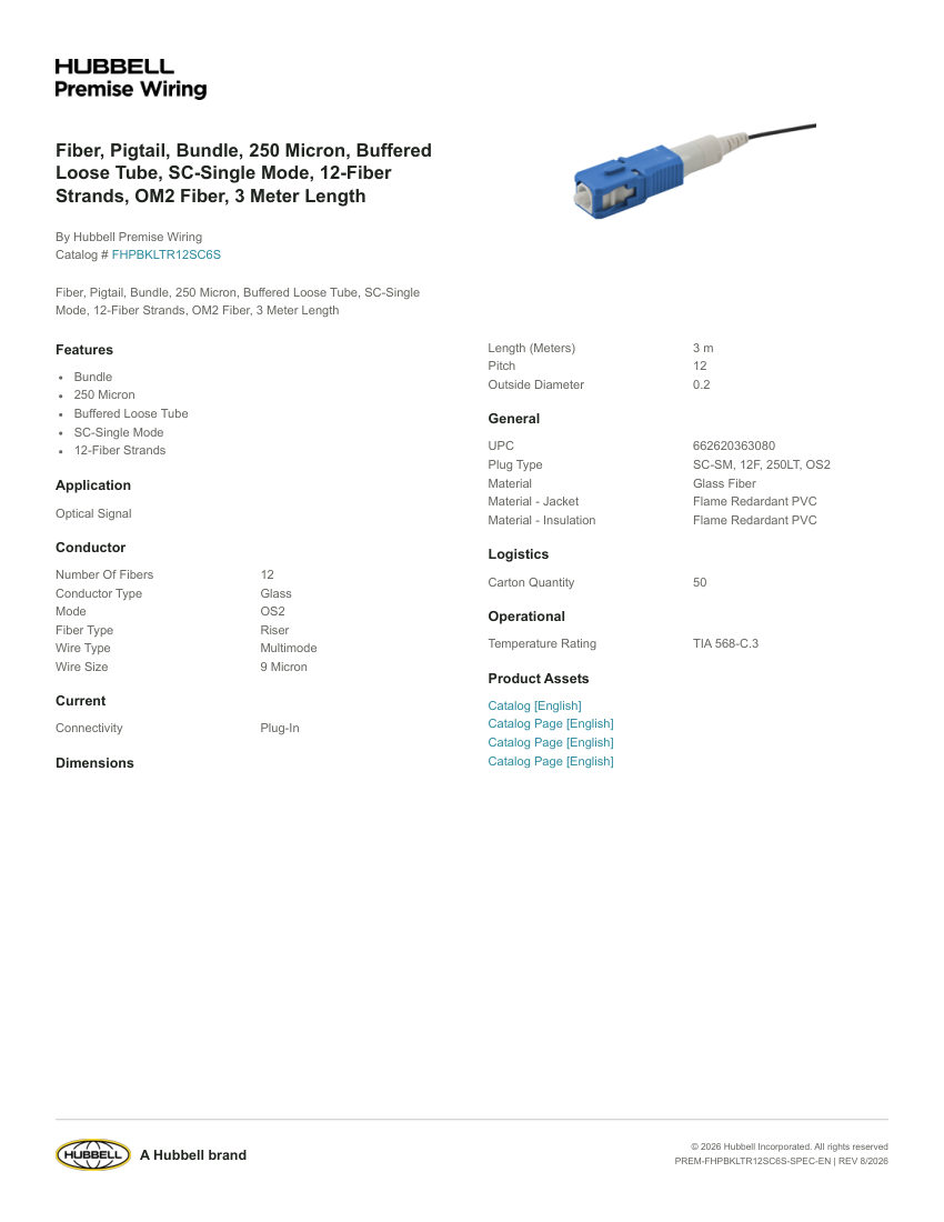 Hubbell Premise Wiring PREM-FHPBKLTR12SC6S cut sheet — first page