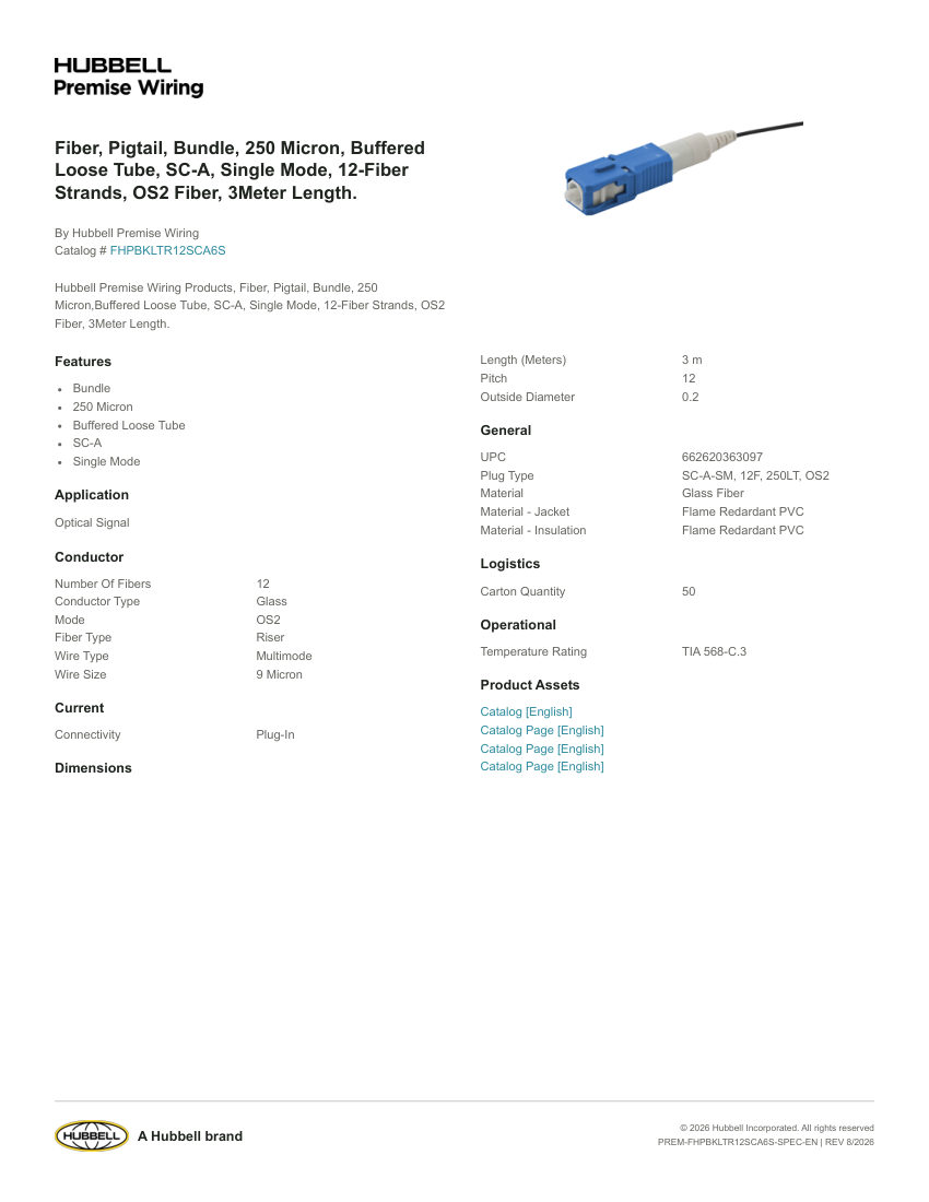 Hubbell Premise Wiring PREM-FHPBKLTR12SCA6S cut sheet — first page