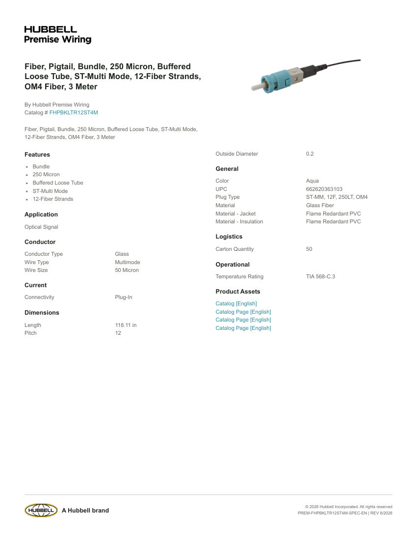 Hubbell Premise Wiring PREM-FHPBKLTR12ST4M cut sheet — first page