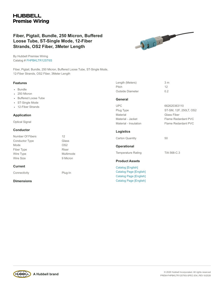 Hubbell Premise Wiring PREM-FHPBKLTR12ST6S cut sheet — first page
