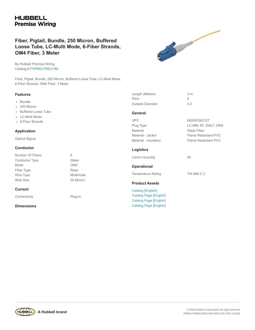 Hubbell Premise Wiring PREM-FHPBKLTR6LC4M cut sheet — first page