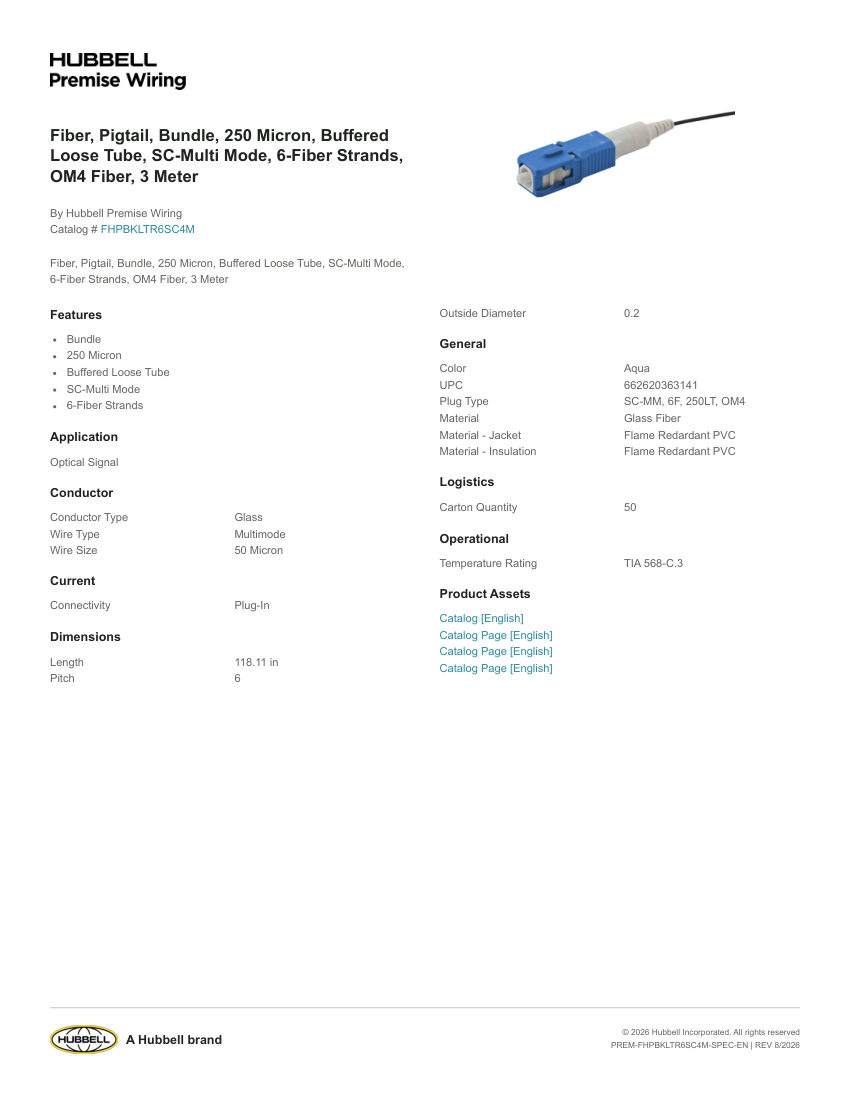 Hubbell Premise Wiring PREM-FHPBKLTR6SC4M cut sheet — first page