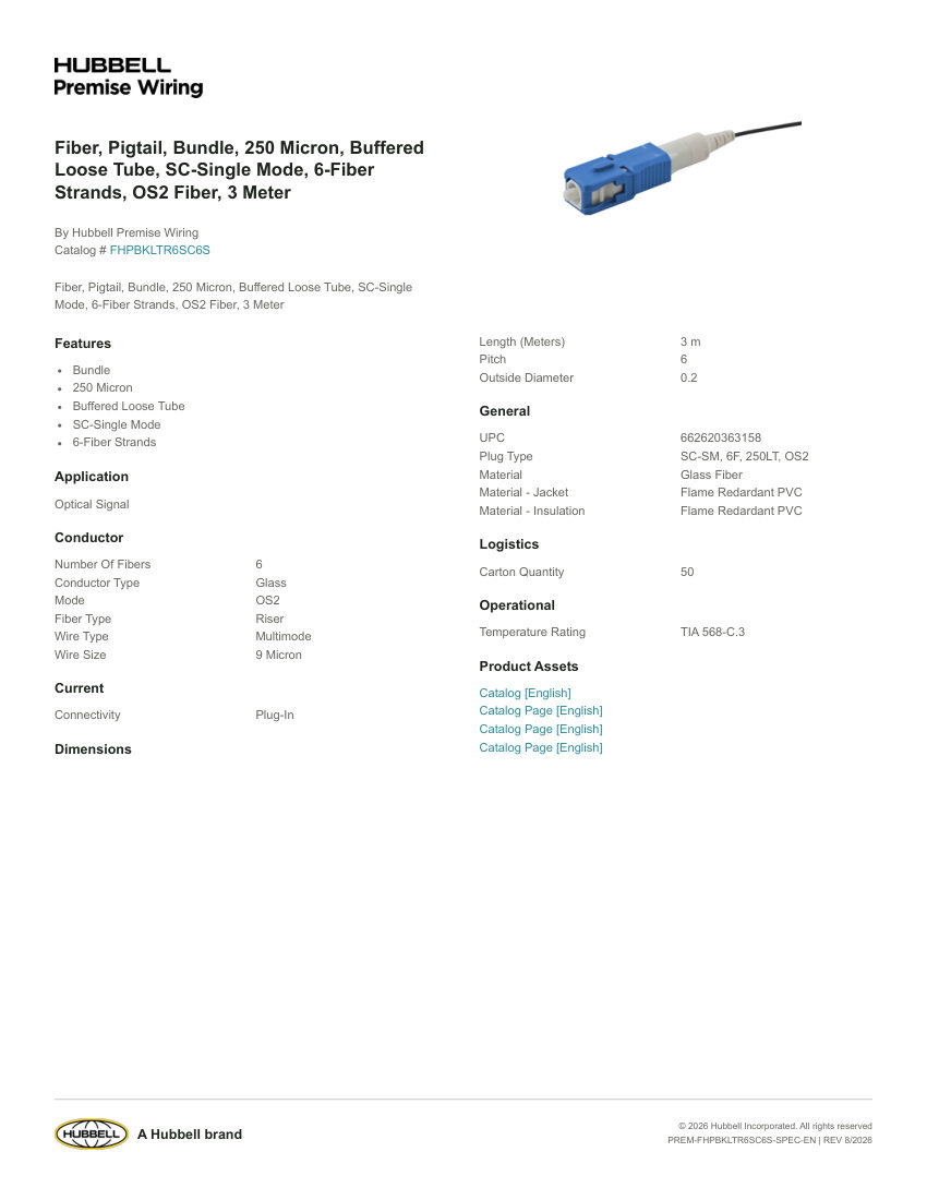 Hubbell Premise Wiring PREM-FHPBKLTR6SC6S cut sheet — first page