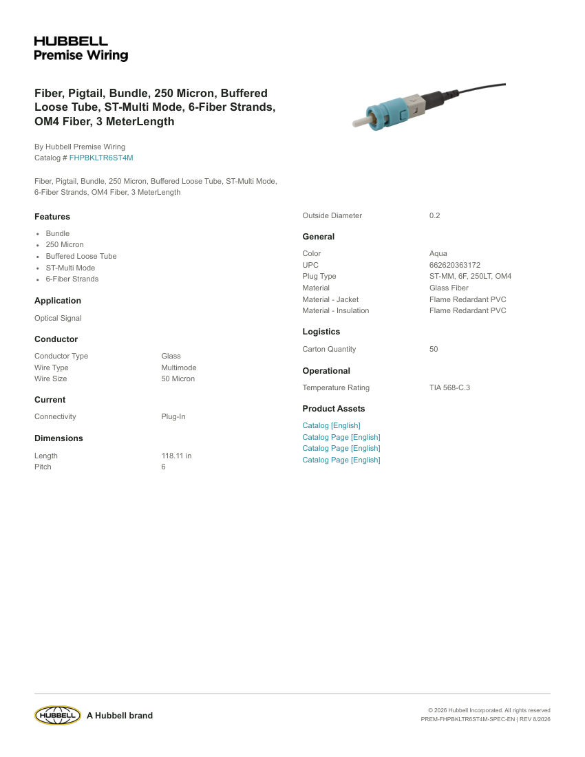 Hubbell Premise Wiring PREM-FHPBKLTR6ST4M cut sheet — first page