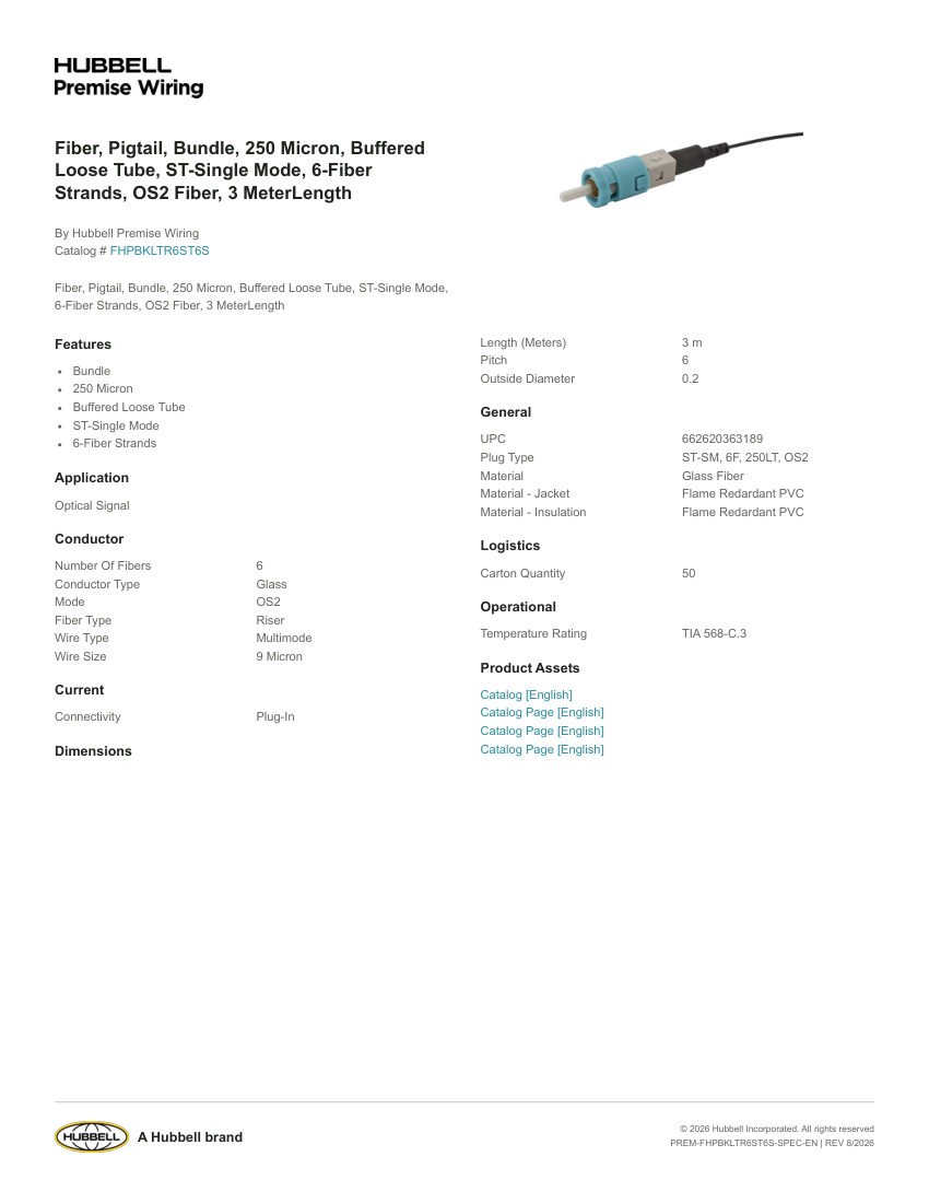 Hubbell Premise Wiring PREM-FHPBKLTR6ST6S cut sheet — first page