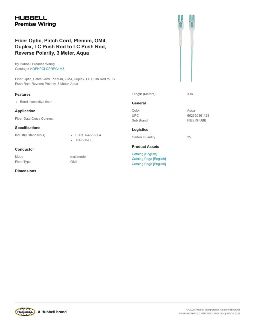 Hubbell Premise Wiring PREM-HDFHPCLCPRPG4M3 cut sheet — first page