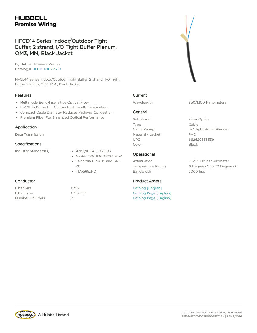 Hubbell Premise Wiring PREM-HFCD14002P3BK cut sheet — first page
