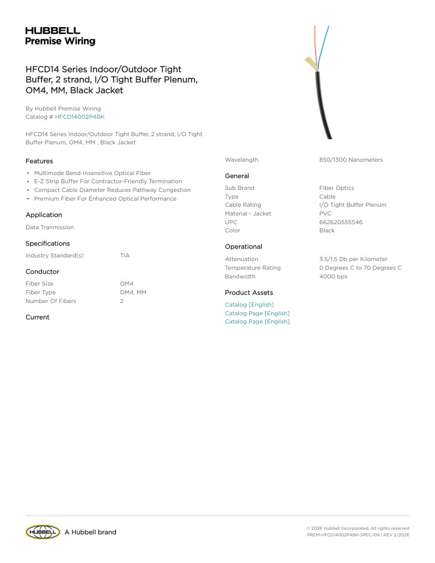Hubbell Premise Wiring PREM-HFCD14002P4BK cut sheet — first page