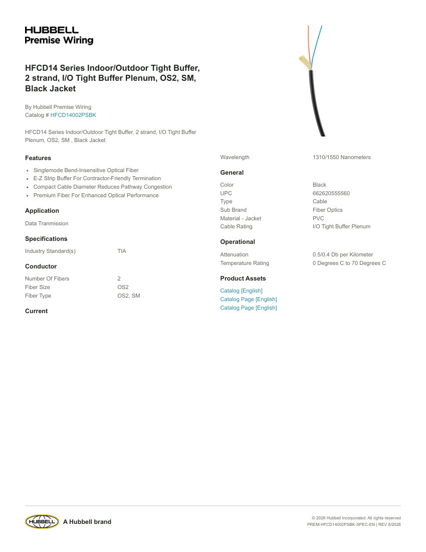 Hubbell Premise Wiring PREM-HFCD14002PSBK cut sheet — first page