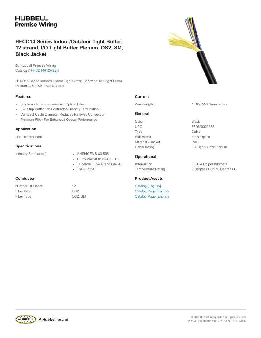 Hubbell Premise Wiring PREM-HFCD14012PSBK cut sheet — first page