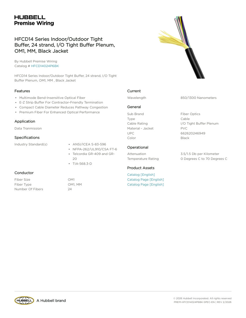 Hubbell Premise Wiring PREM-HFCD14024P6BK cut sheet — first page