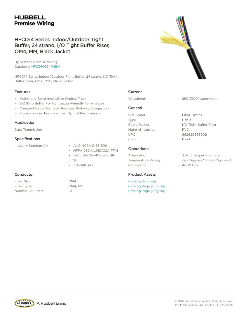 Hubbell Premise Wiring PREM-HFCD14024R4BK cut sheet — first page