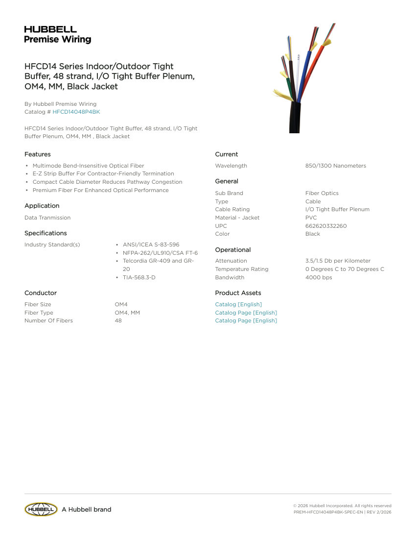 Hubbell Premise Wiring PREM-HFCD14048P4BK cut sheet — first page