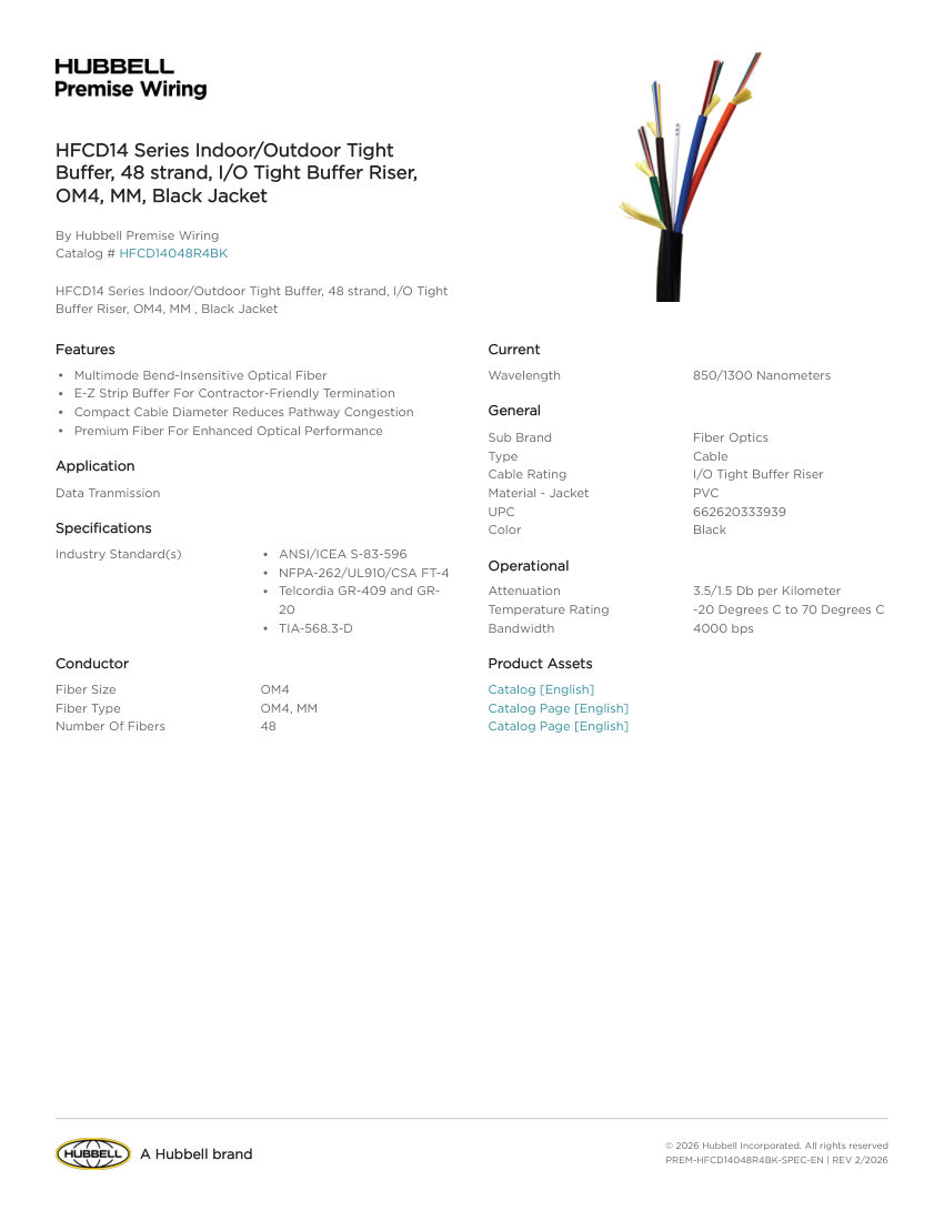 Hubbell Premise Wiring PREM-HFCD14048R4BK cut sheet — first page