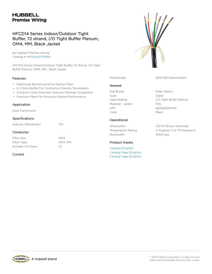 Hubbell Premise Wiring PREM-HFCD14072P4BK cut sheet — first page