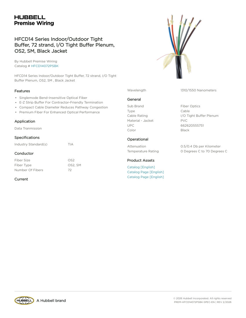 Hubbell Premise Wiring PREM-HFCD14072PSBK cut sheet — first page